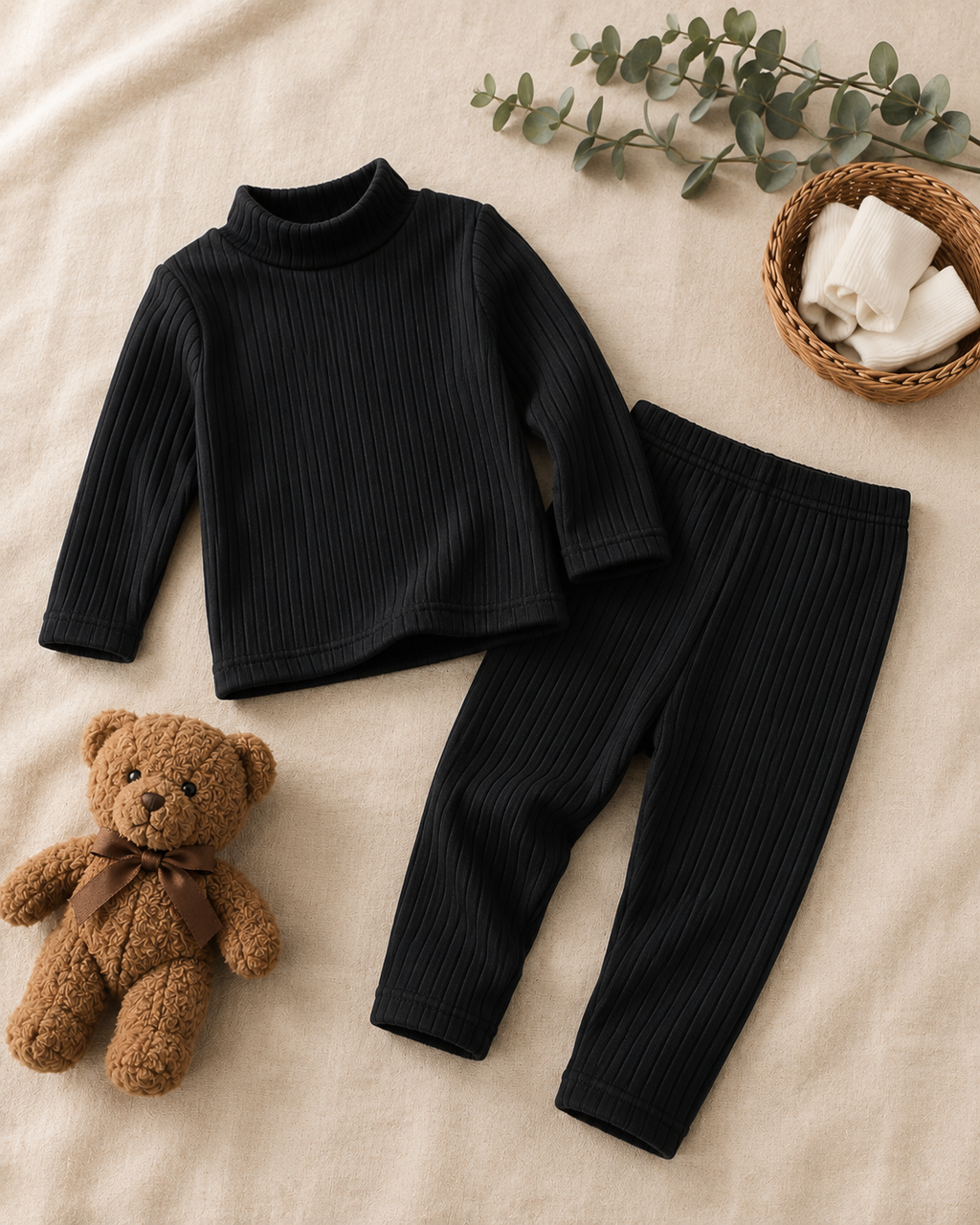 Plush High Neck Style Ribbed Knit Sweat Set - Black