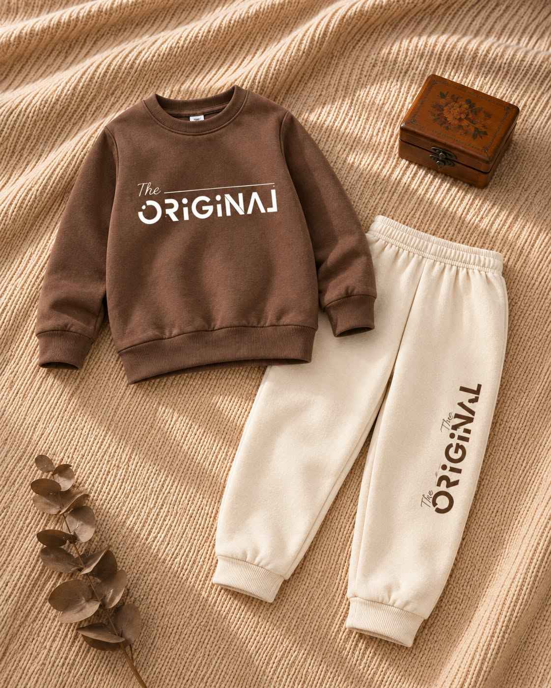 Brown kids sweatshirt and cream jogger set with The Original print