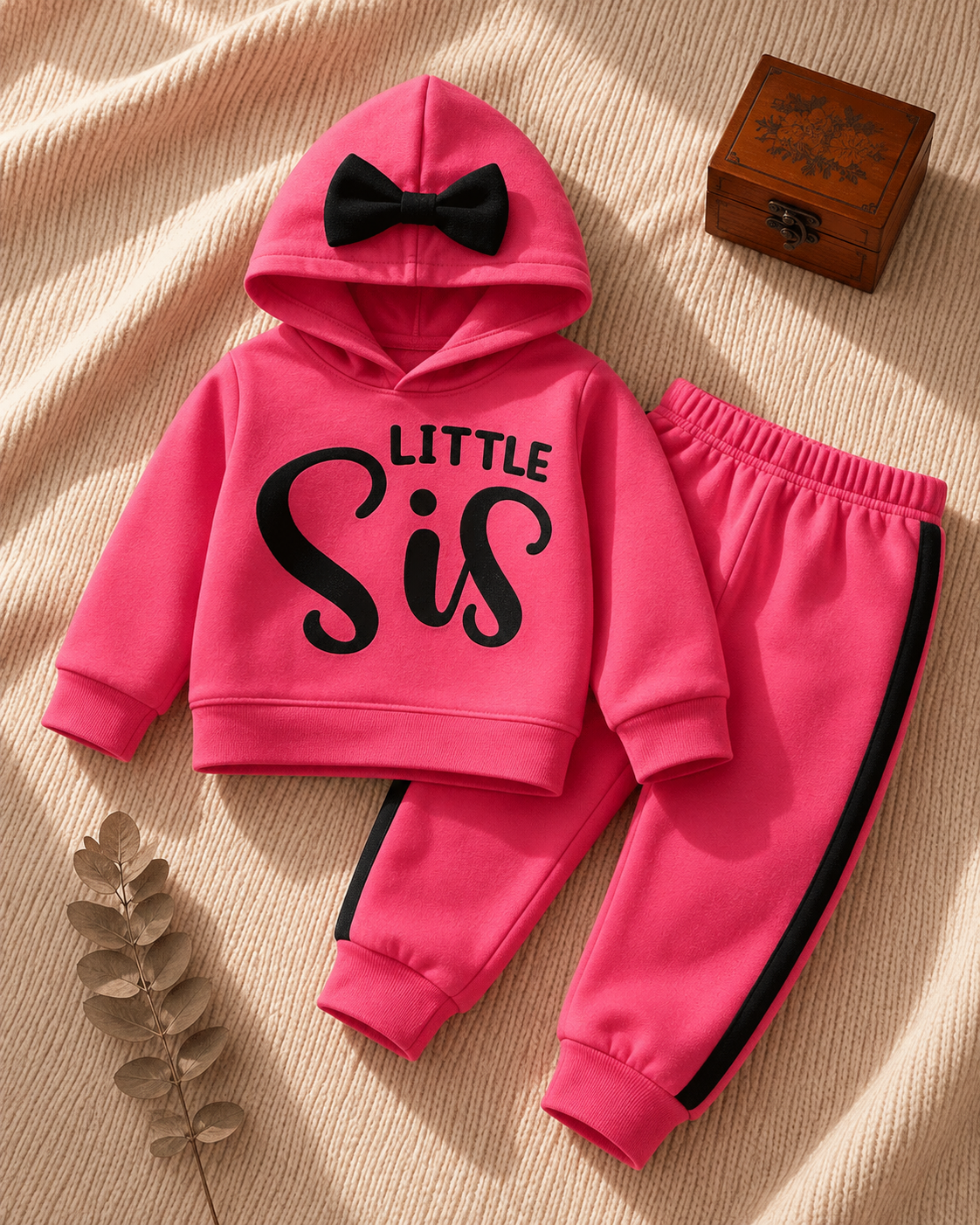 Plush Hoodied Fleece Shirt & Trouser - Little Sis in Hot Pink