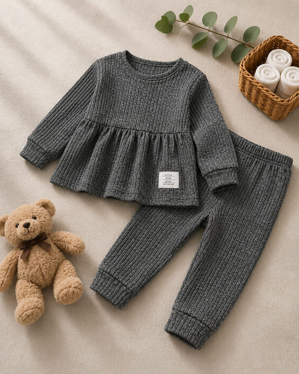 Plush Ribbed Knit Frock with Cuff Trousers - Charcoal