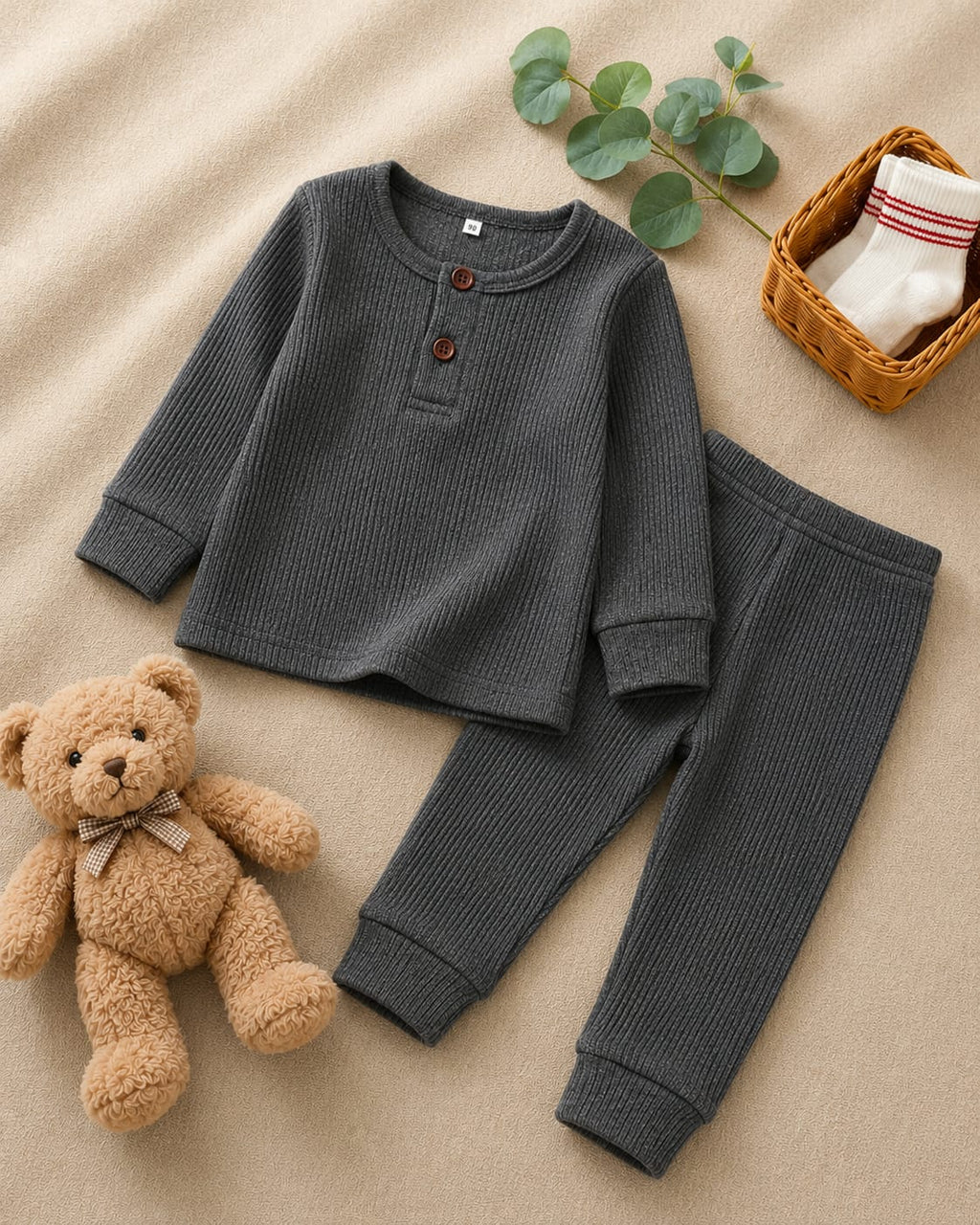 Plush Round Neck Style Ribbed Knit Basic Set - Charcoal