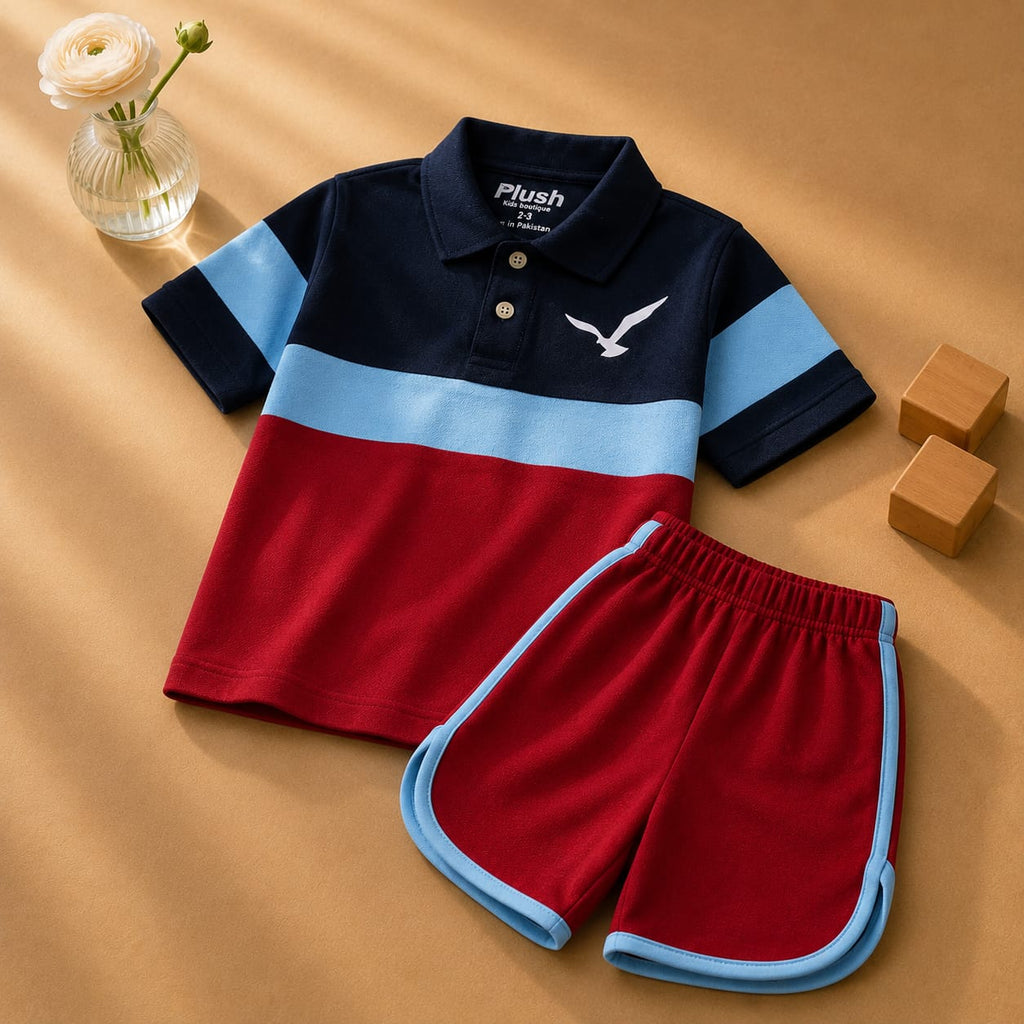 Plush-Baby Plaid Polo Shirt & Shorts-Blue-Red