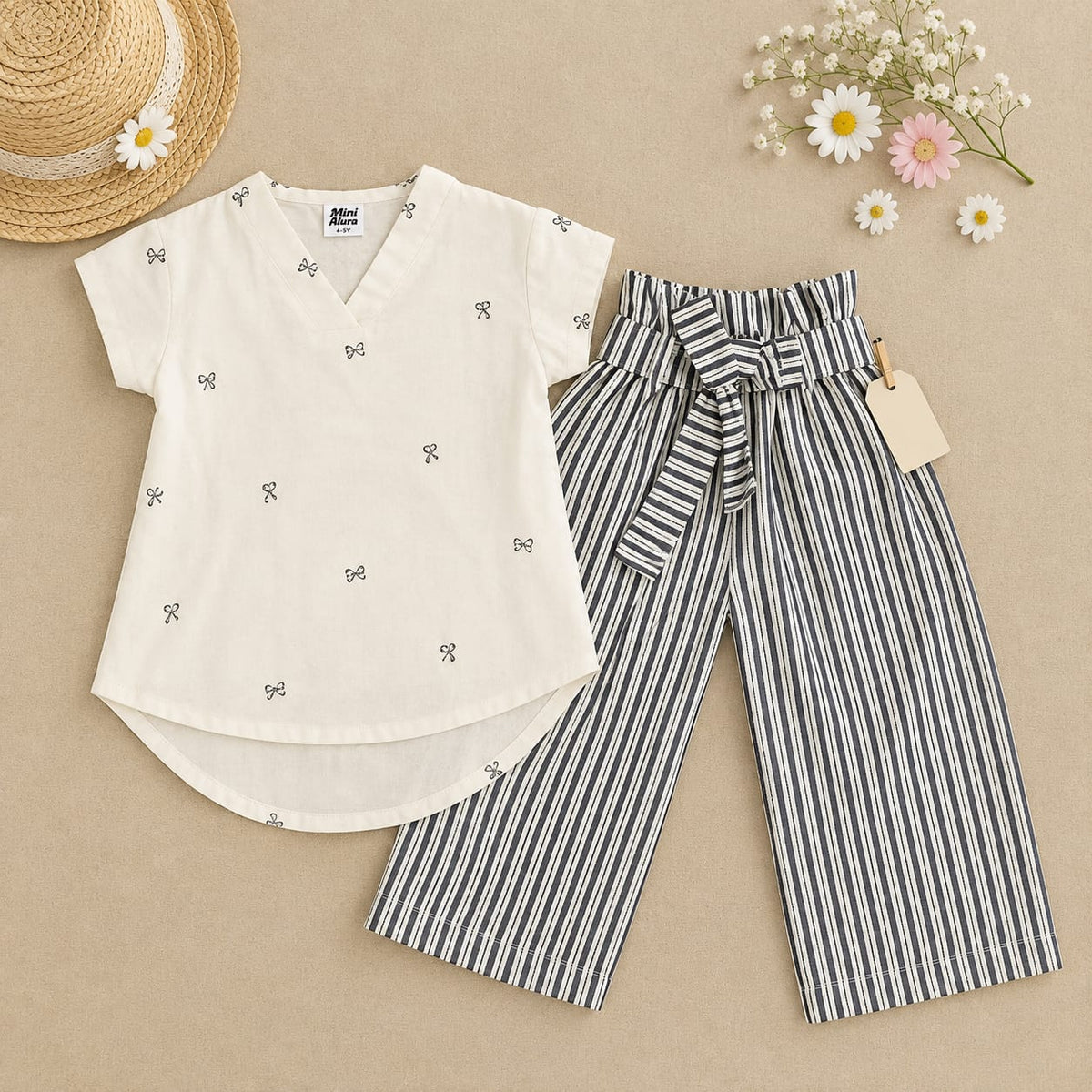 Girls bow print top with grey striped pants set