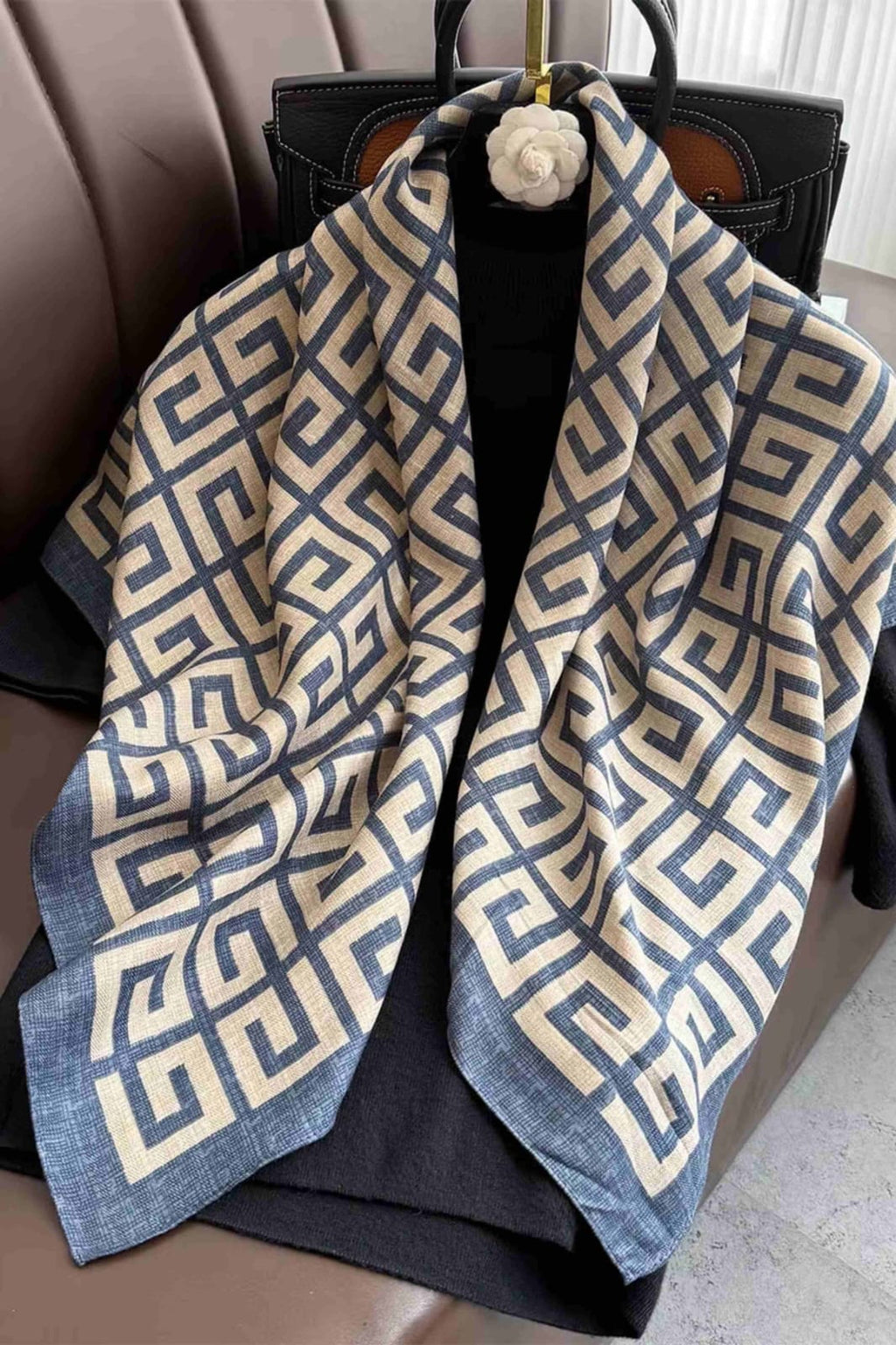 Slate blue and cream silk-satin scarf featuring a repeating interlocking Greek key geometric pattern