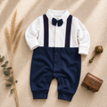 Baby boy navy suspender bow tie romper