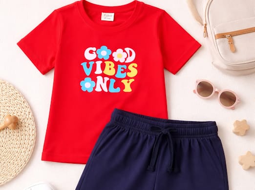 Kids red good vibes only t shirt and navy shorts set