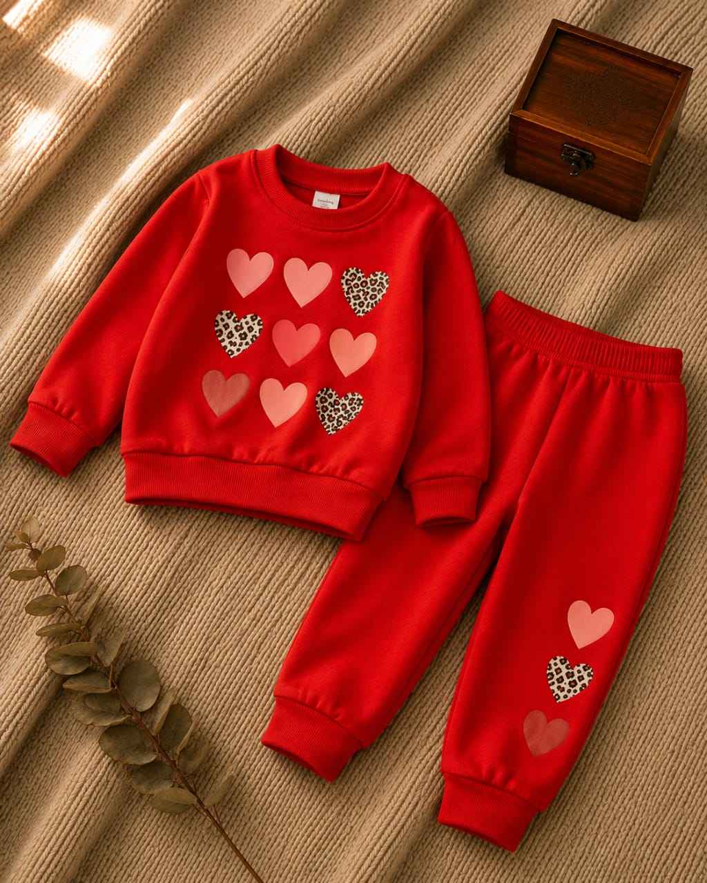 Plush Fleece Shirt & Trouser - Hearts in Red