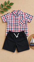 Boys red blue check shirt and navy shorts set