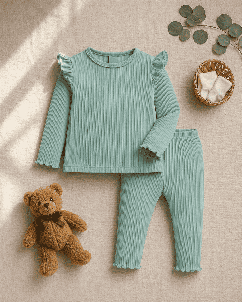 Plush Shoulder Frill Style Ribbed Knit Basic Set - Mint