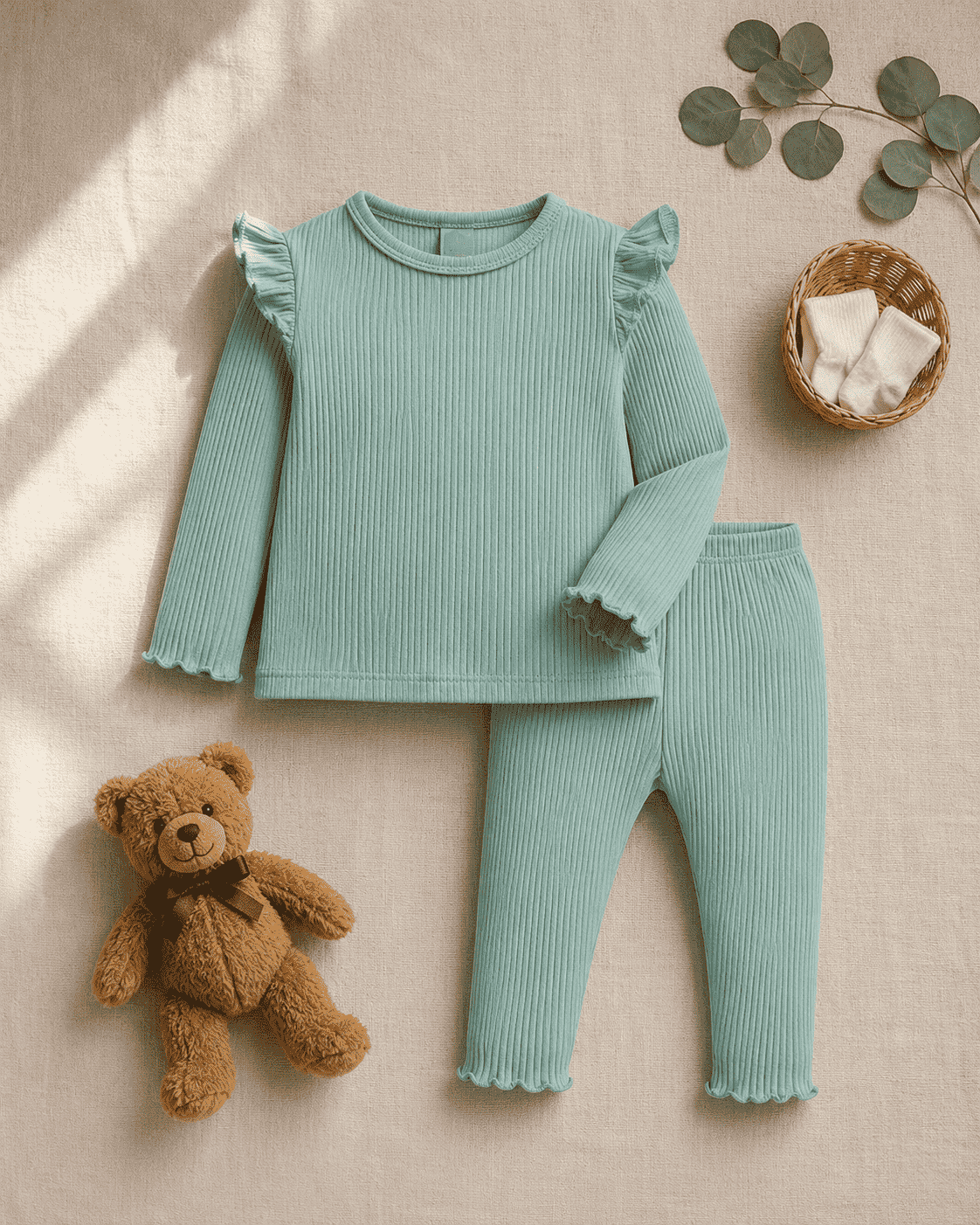 Plush Shoulder Frill Style Ribbed Knit Basic Set - Mint