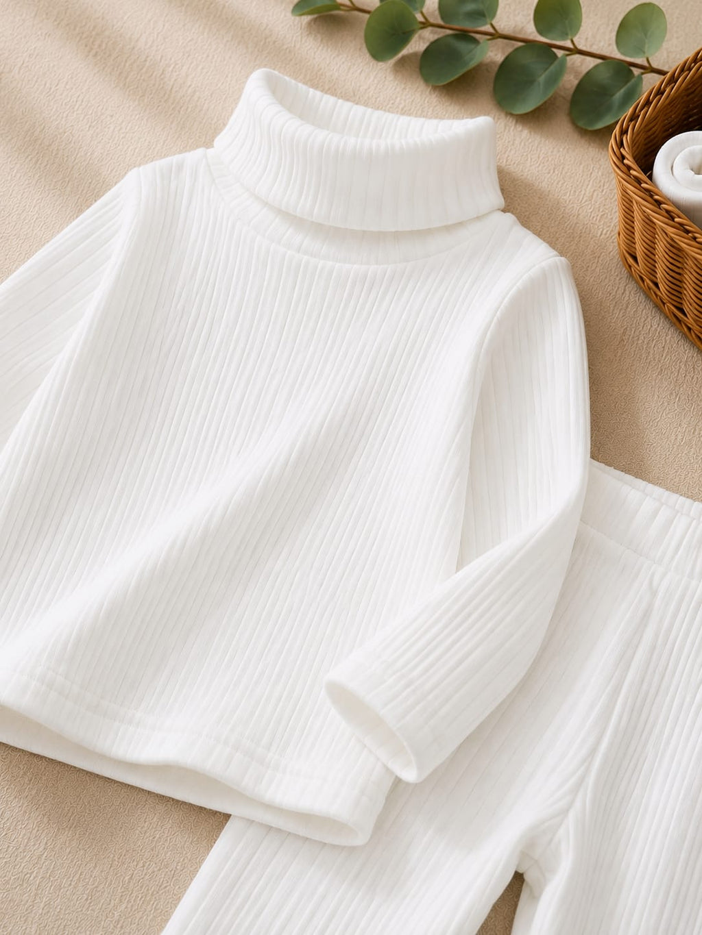 Plush - Shoulder High Neck Style Ribbed Knit Basic Set - white