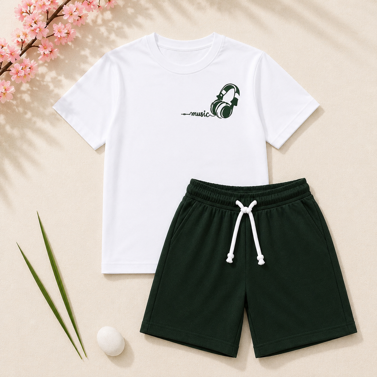 Boys White & Dark Green Music Headphones T-Shirt & Shorts Set