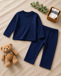 Plush Round Neck Style Ribbed Knit Sweat Set-Dark Blue
