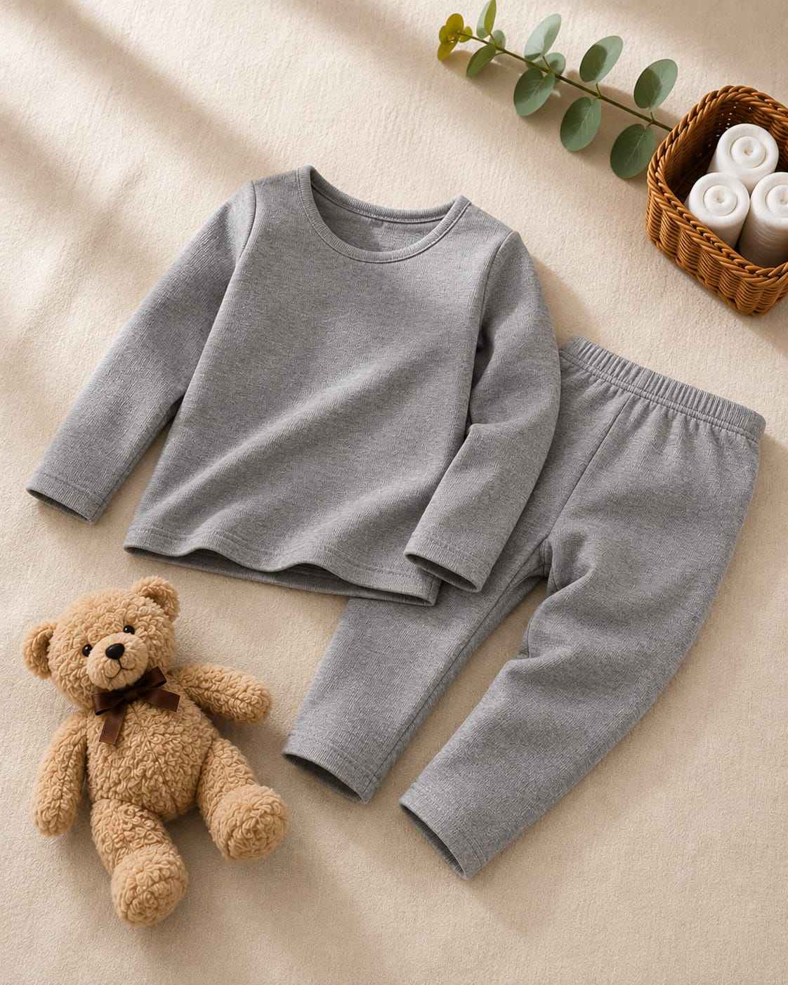 Plush Round Neck Style Ribbed Knit Sweat Set - Ash Grey