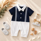 Baby boys navy white tuxedo romper with bow tie