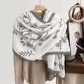 White silk-satin scarf featuring a delicate grey botanical floral line-art pattern and a dark grey bordered edge