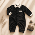Black baby romper with white striped collar