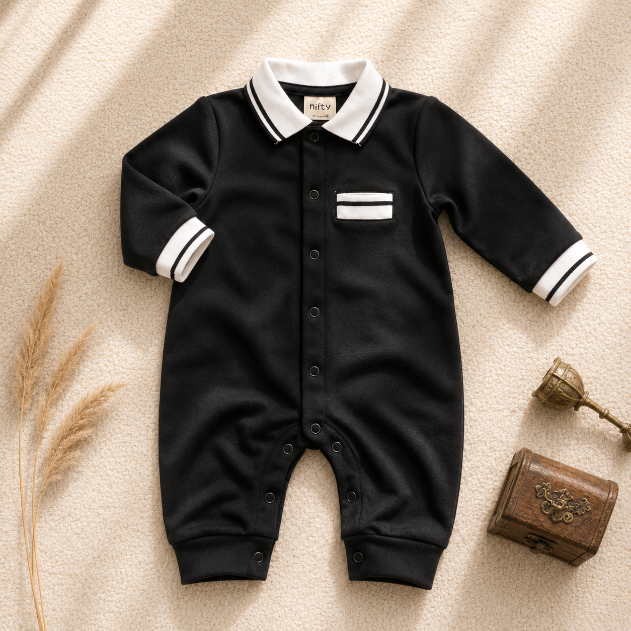 Black baby romper with white striped collar