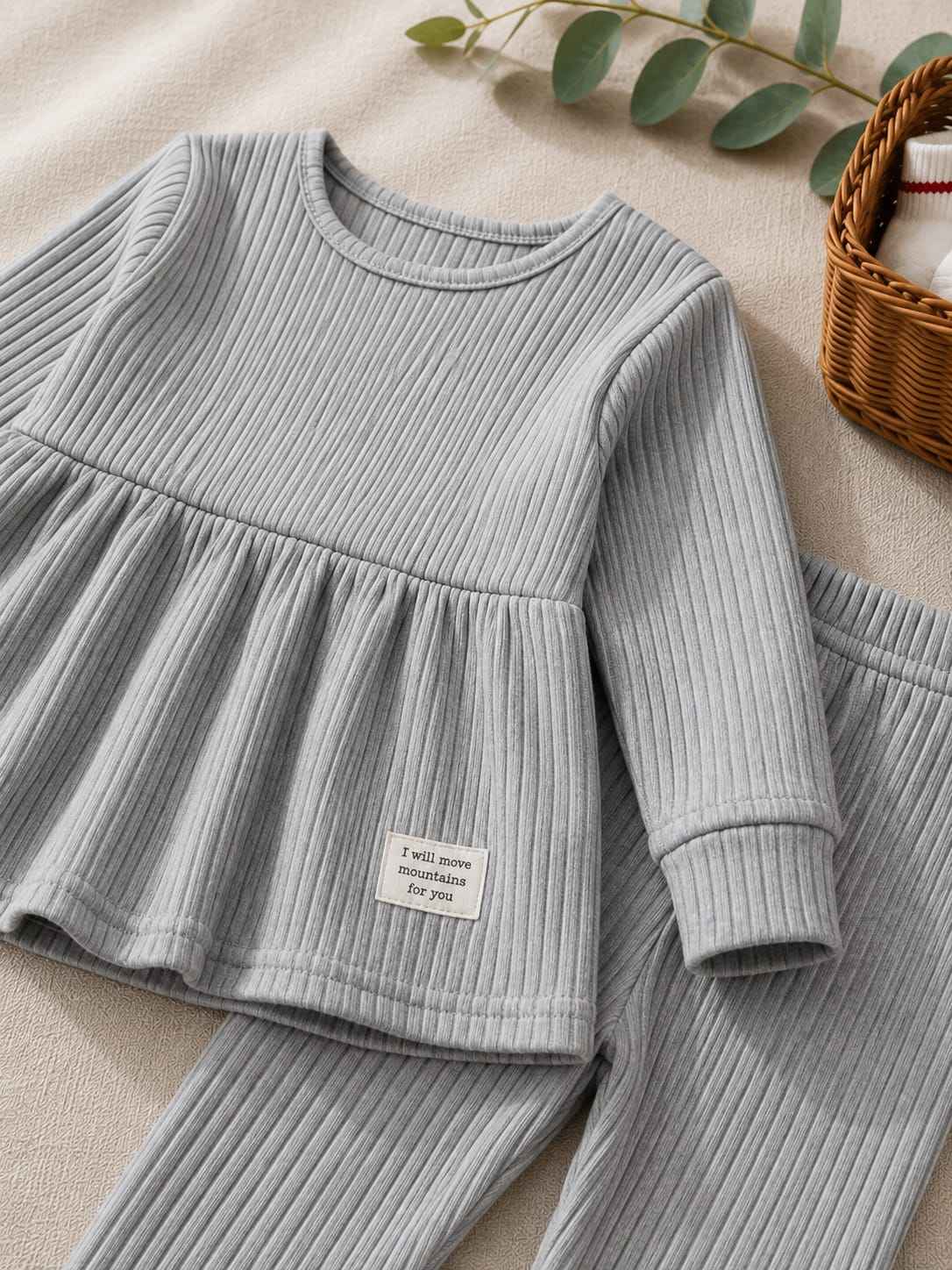 Plush-Ribbed Knit Frock with Cuff Trousers -  Grey