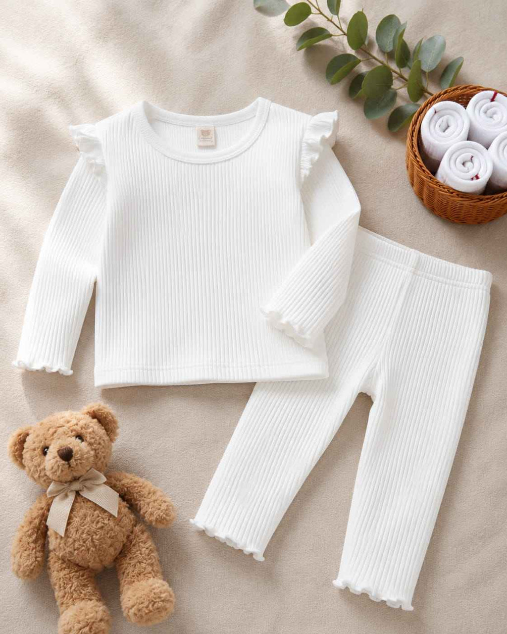 Plush Shoulder Frill Style Ribbed Knit Basic Set - White