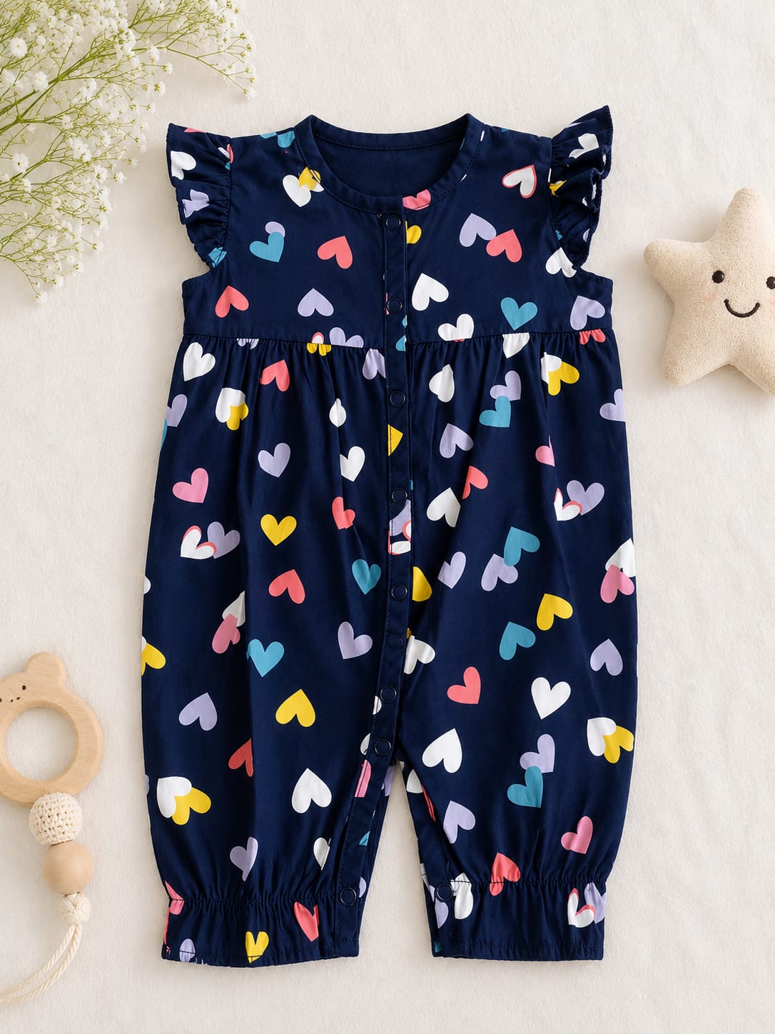 Baby girl navy blue sleeveless romper with multi-colored scattered hearts print and flutter sleeves.