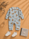 Blue baby romper with safari animal print