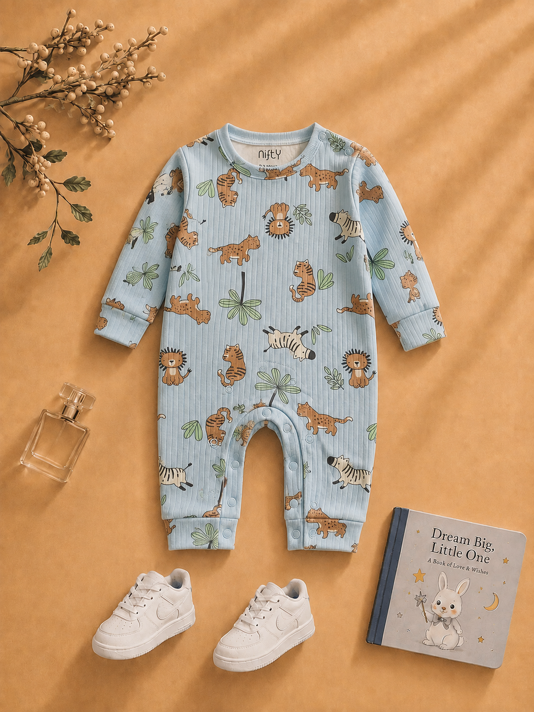 Blue baby romper with safari animal print