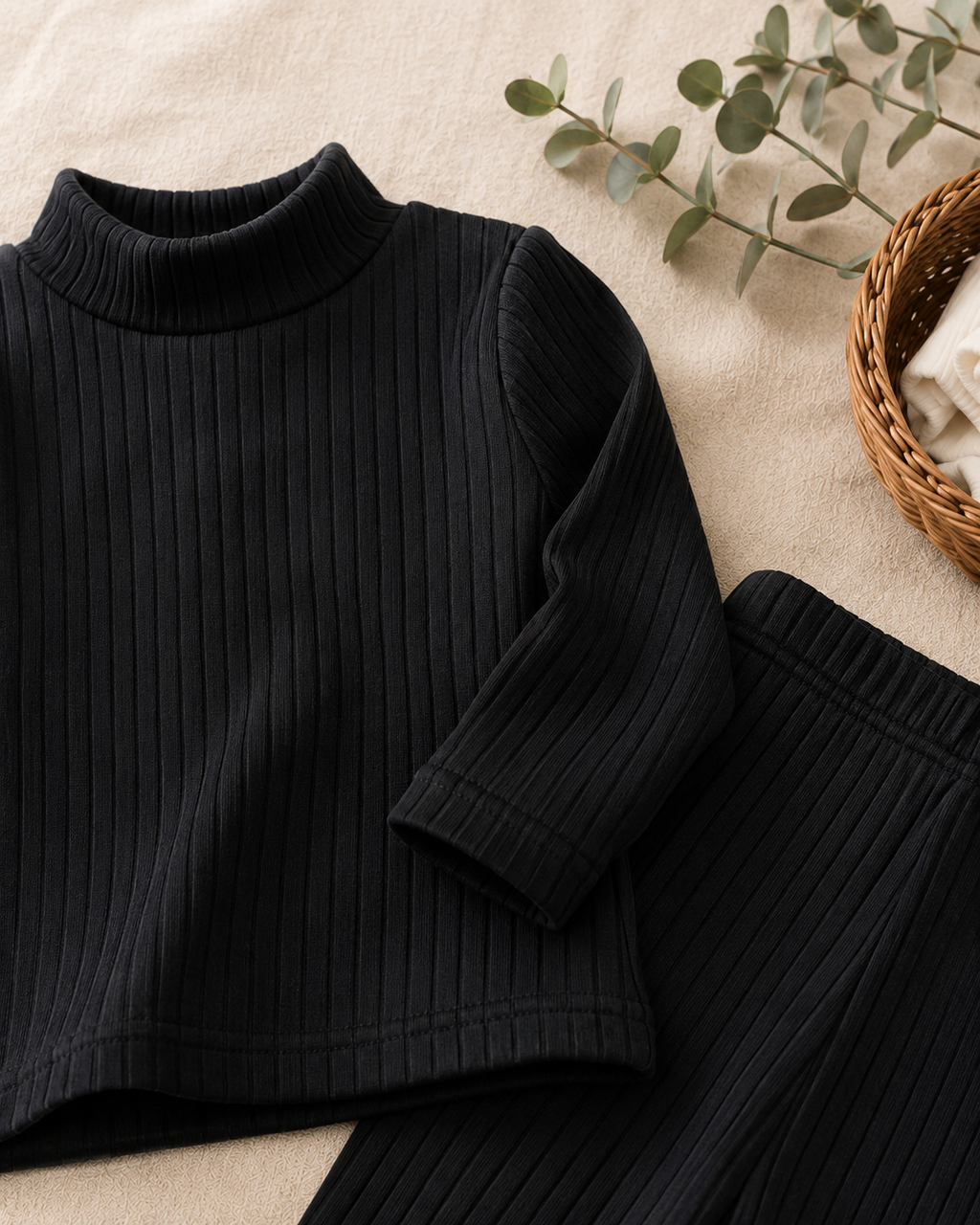 Plush High Neck Style Ribbed Knit Sweat Set - Black