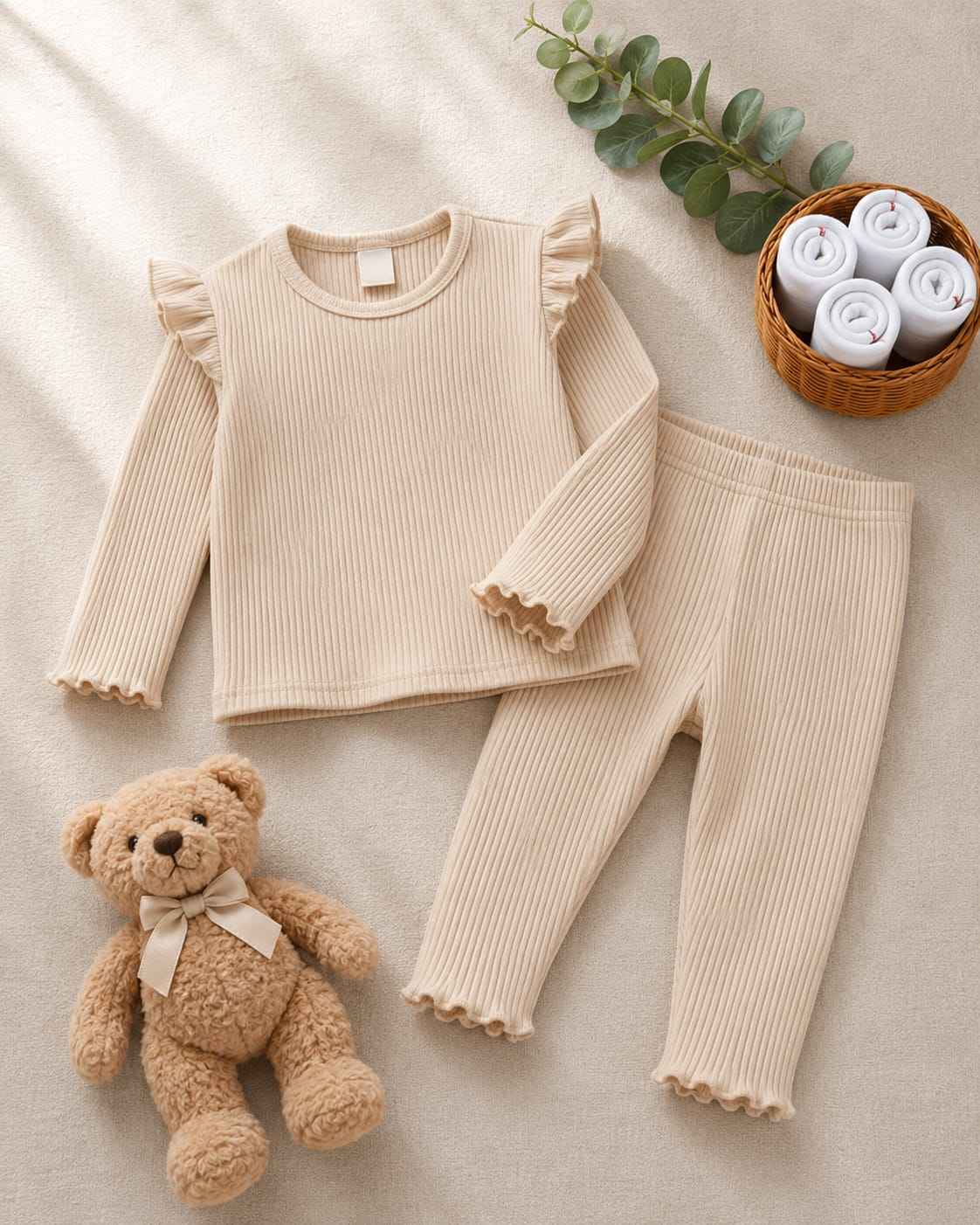 Plush Shoulder Frill Style Ribbed Knit Basic Set - Caramel