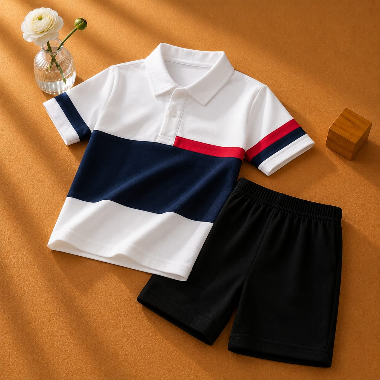 Plush-Baby Plaid Polo Shirt & Shorts-White/Red/Blue