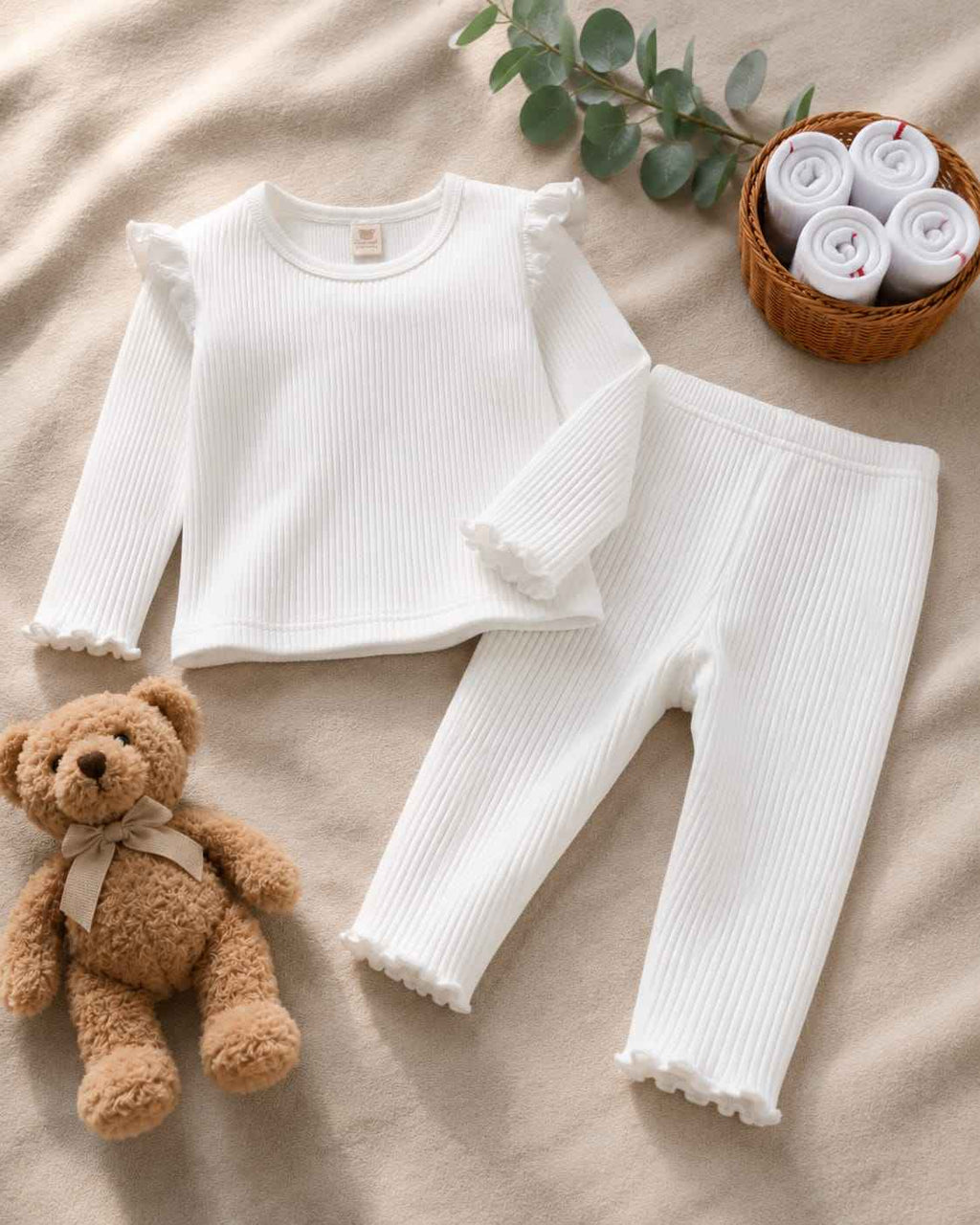 Plush Shoulder Frill Style Ribbed Knit Basic Set - White