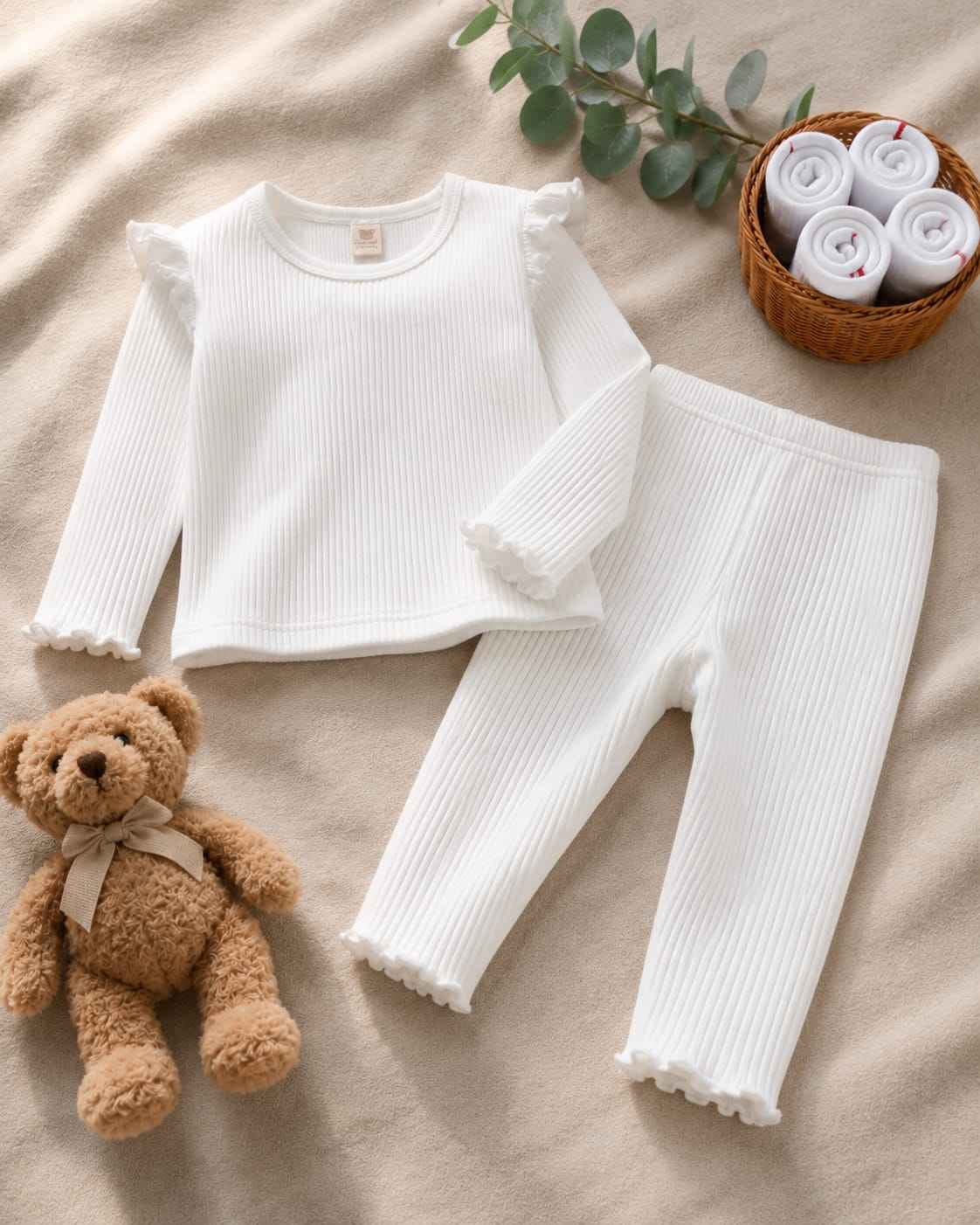 Plush Shoulder Frill Style Ribbed Knit Basic Set - White