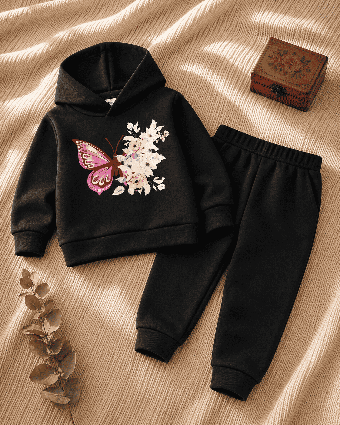 Plush-Hoodie Style - Butterfly Theme Fleece Sweat Set