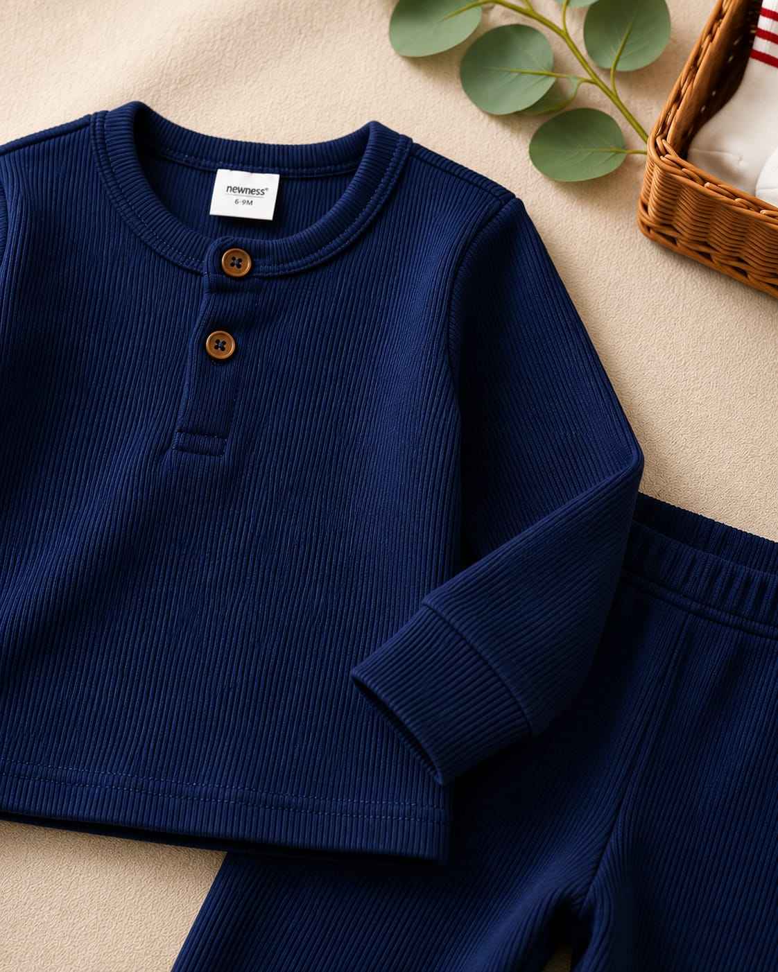 Plush Round Neck Style Ribbed Knit Basic Set - Midnight Navy Blue