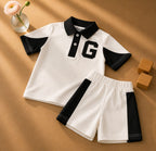 Plush-Baby Plaid Polo Shirt & Shorts-White