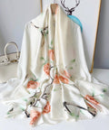 Cream silk-satin scarf with peach rose and green leaf botanical print