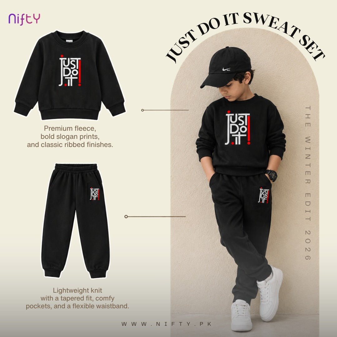 Black kids sweatshirt and jogger set with white and red slogan print