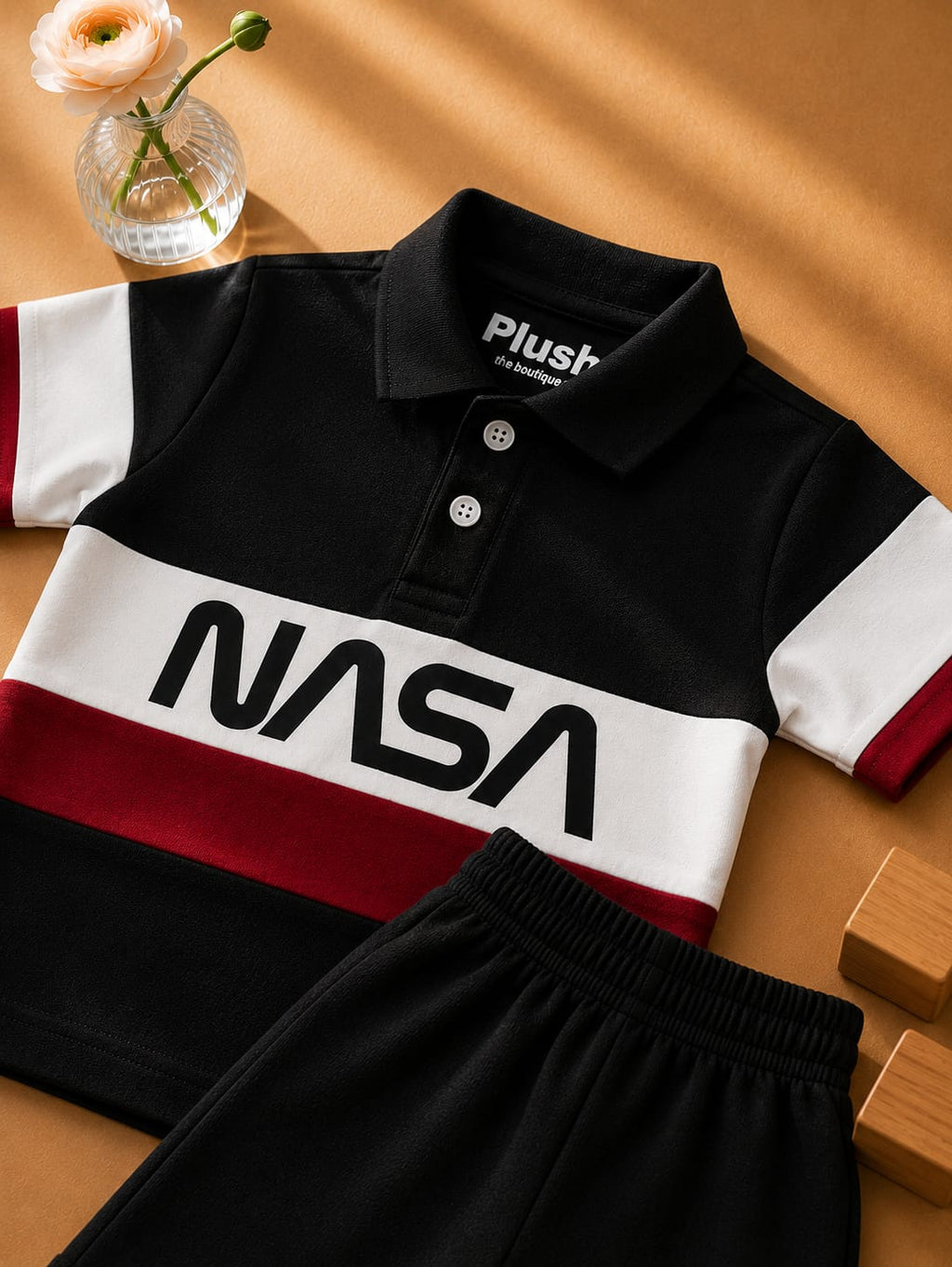Plush-Baby Plaid Polo Shirt & Shorts-Black-White