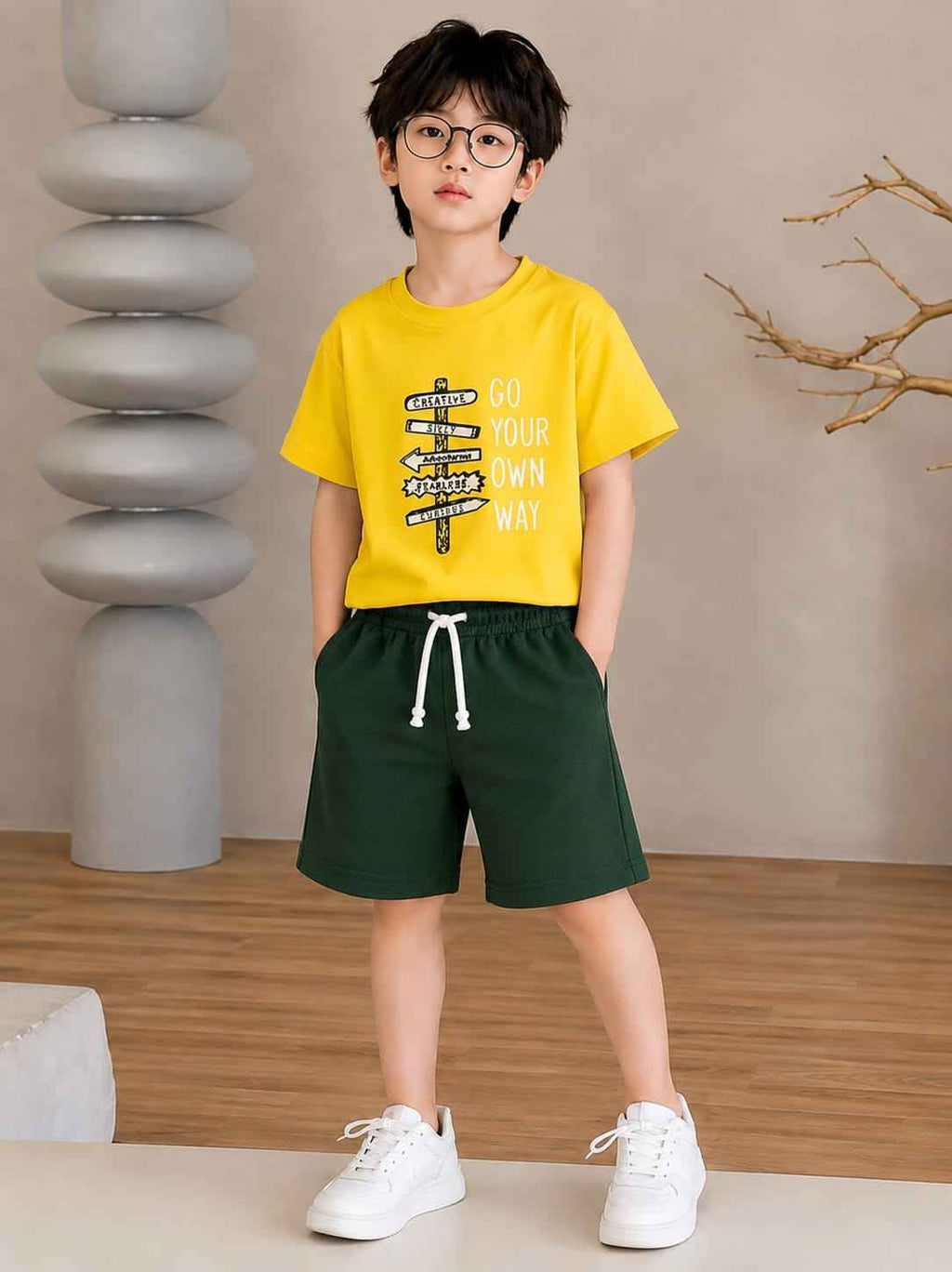 Boys Yellow & Green "Go Your Own Way" T-Shirt & Shorts Set