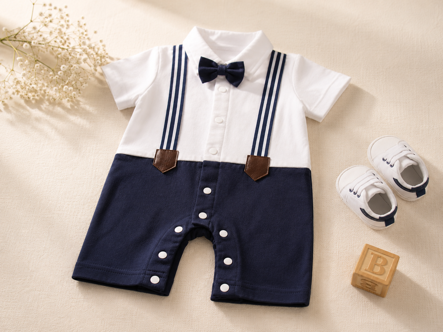 Baby Boy Bow Tie Romper | Polo Collar Suspender Bodysuit – Navy Interlock
