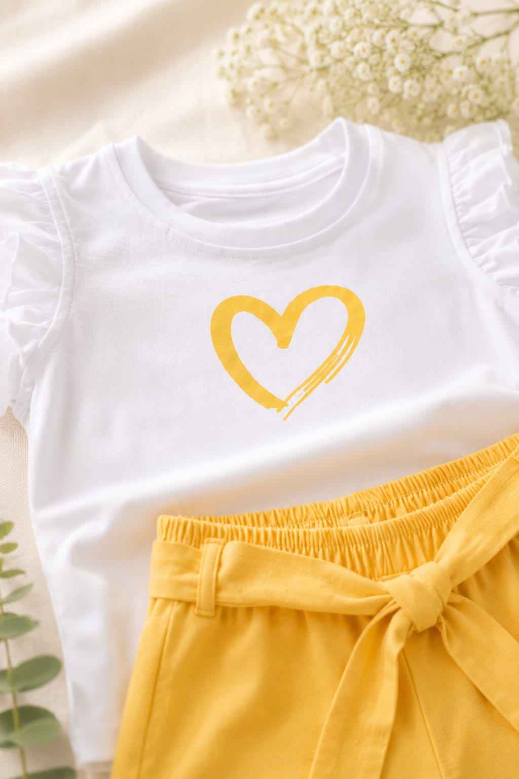 Girls White & Yellow Heart Print T-Shirt & Shorts Set