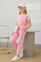 Girls pink t-shirt and leggings set with white side stripes
