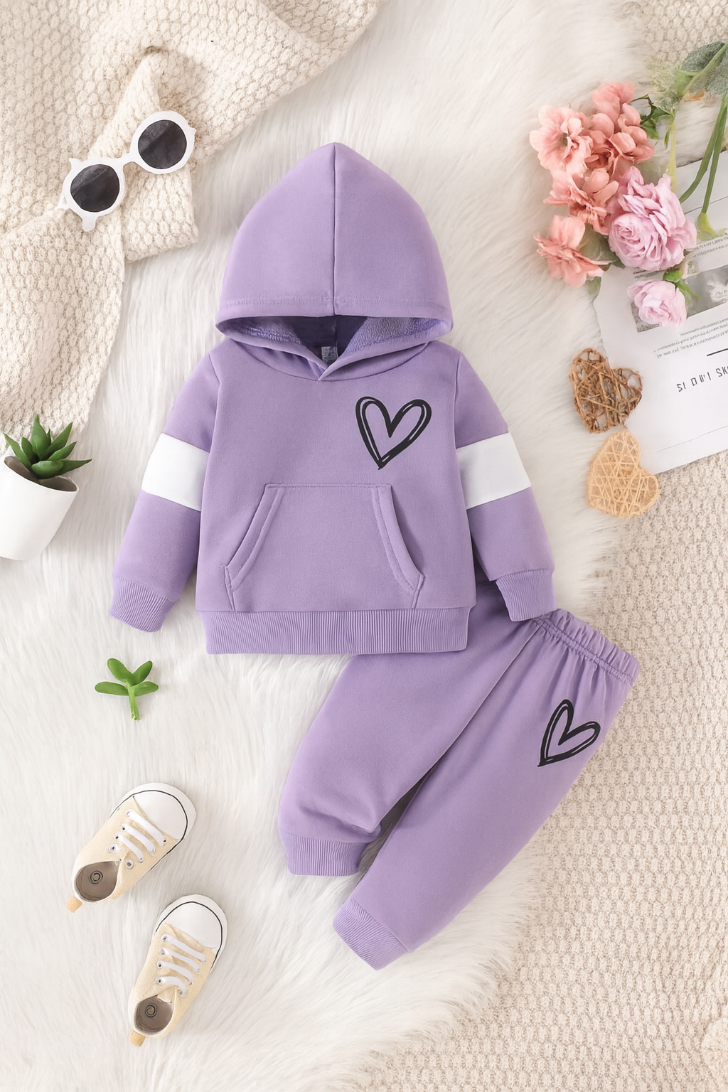 Plush Hoodied Fleece Shirt & Trouser - Basic Heart in Light Purple