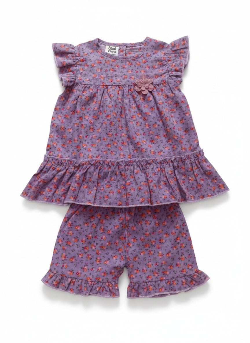 MINI AURA Girls Frock and Short (Floral Print) – Purple