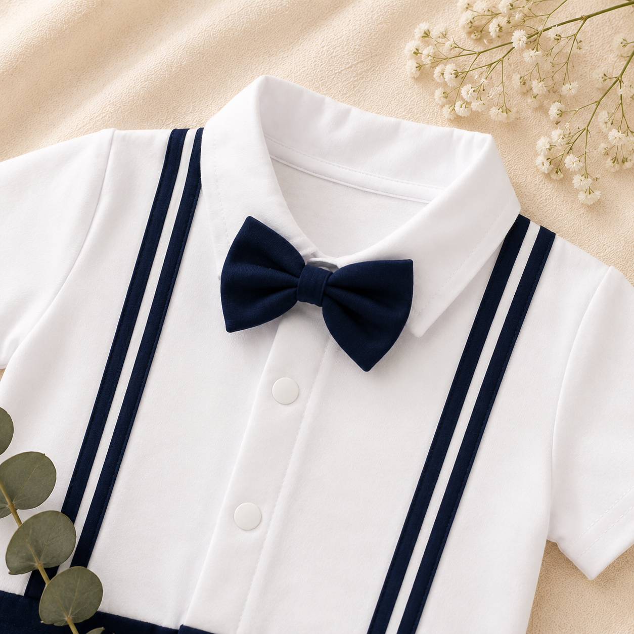 White & Navy Blue Bow Tie Polo Romper for Babies | Soft Interlock Bodysuit