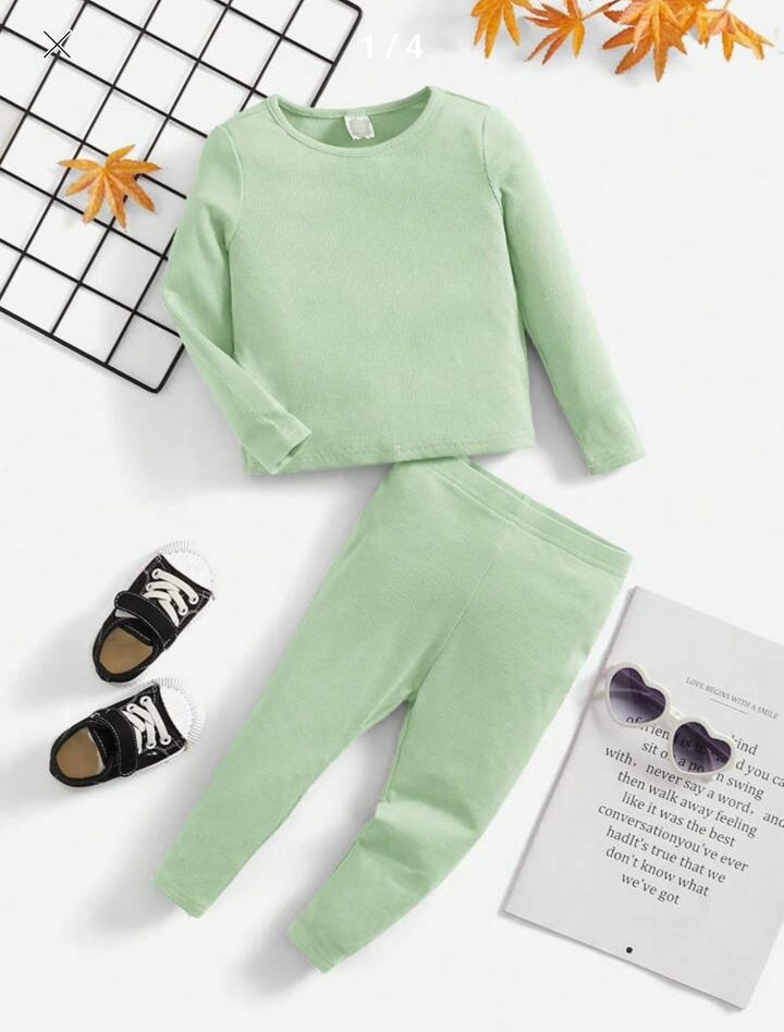 Plush Round Neck Style Ribbed Knit Sweat Set - Mint Green