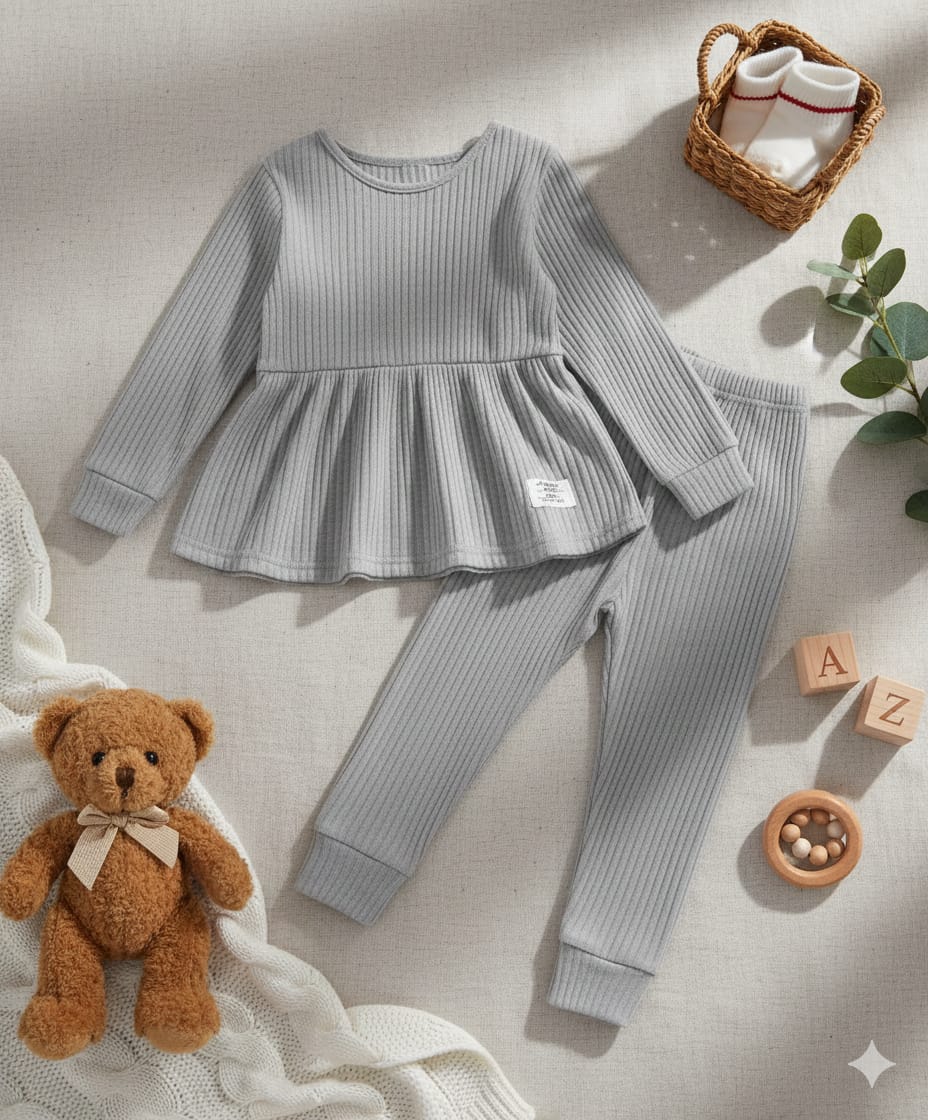 Plush-Ribbed Knit Frock with Cuff Trousers -  Grey