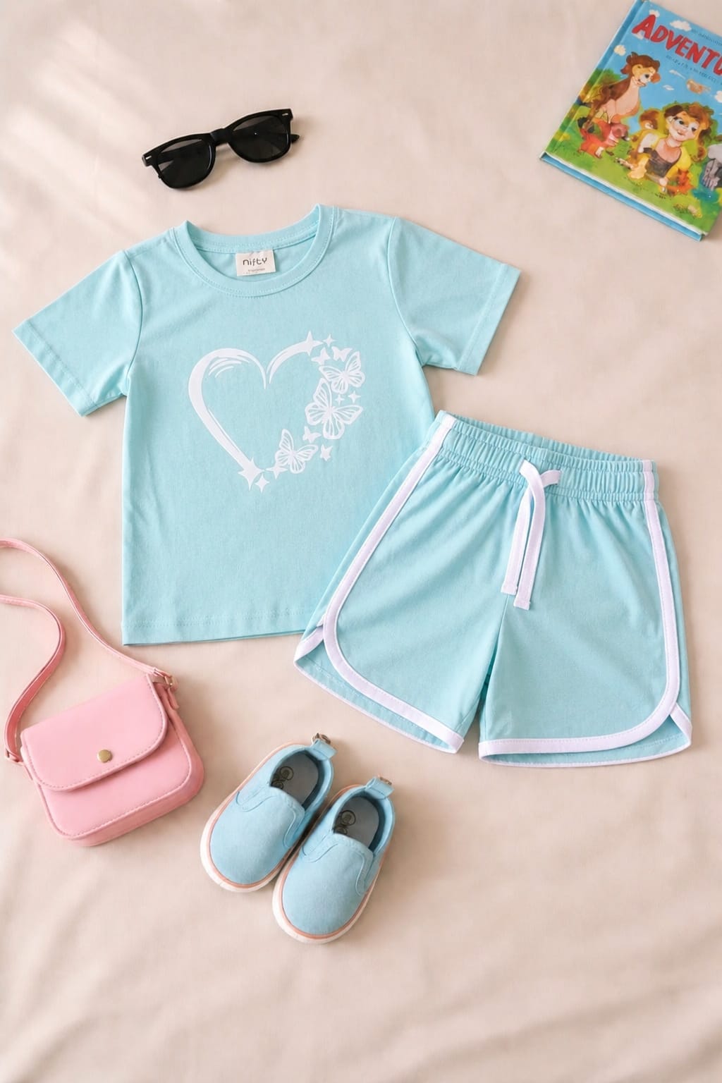 Nifty Basics Girls T-Shirt and Shorts Set (Butterfly Heart) – Sea Green