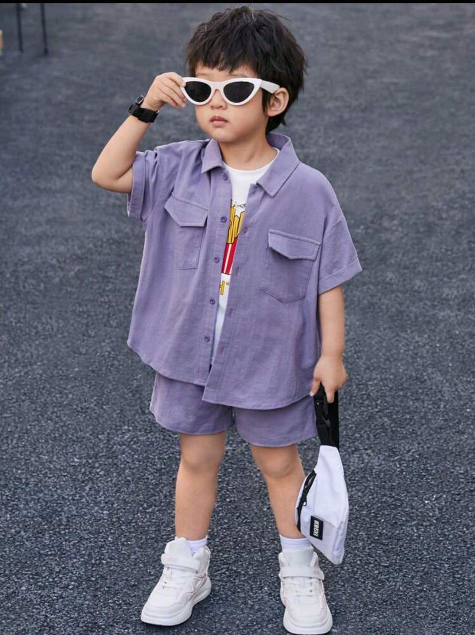 Plush-Boys Short and Shirt Set - Purple
