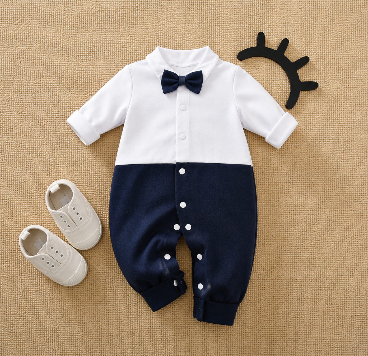 Plush-Polo Romper - White & Blue Contrast with Bowtie